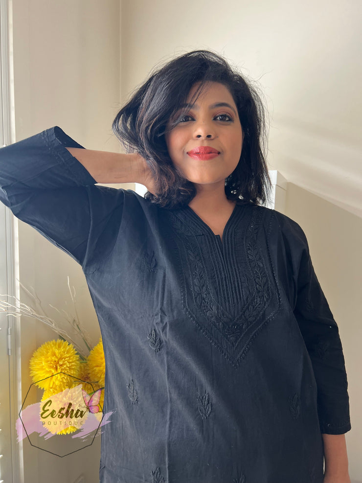 Plus Size Black Hand Embroidered Long Tunic Kurta