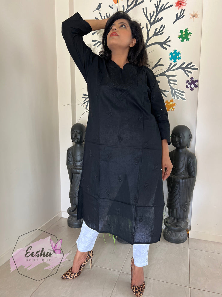 Plus Size Black Hand Embroidered Long Tunic Kurta