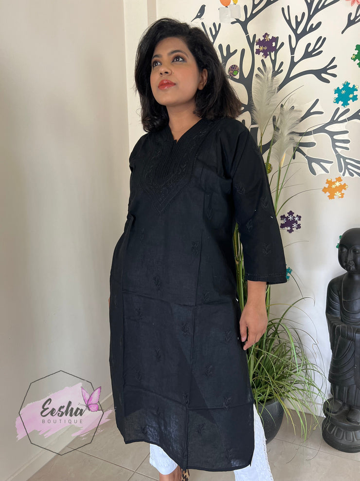 Plus Size Black Hand Embroidered Long Tunic Kurta