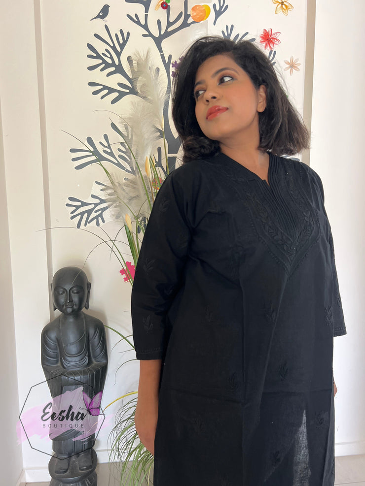 Plus Size Black Hand Embroidered Long Tunic Kurta