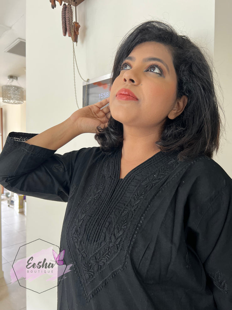 Plus Size Black Hand Embroidered Long Tunic Kurta