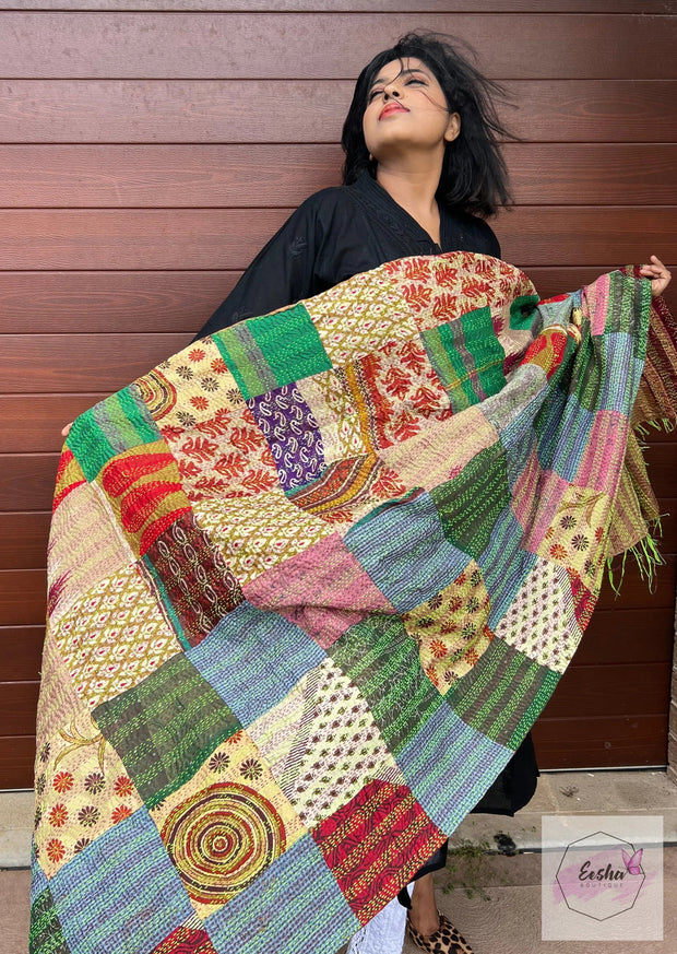 Vintage Double Sided Patchwork Silk Kantha Stole Dupatta