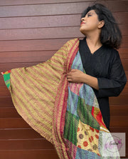 Vintage Double Sided Patchwork Silk Kantha Stole Dupatta