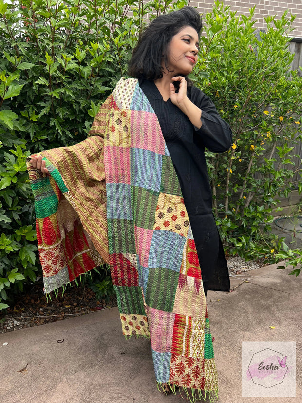 Vintage Double Sided Patchwork Silk Kantha Stole Dupatta