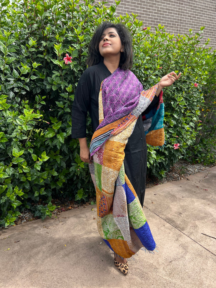 Vintage Kantha Silk Shawl Double Sided Patchwork Dupatta