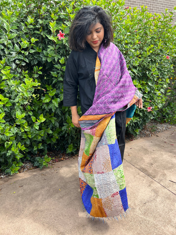 Vintage Kantha Silk Shawl Double Sided Patchwork Dupatta
