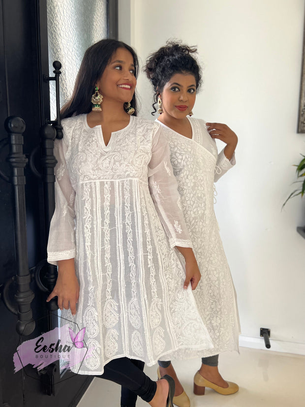 White Angarkha Style Long Hand Embroidered Tunic Kurta