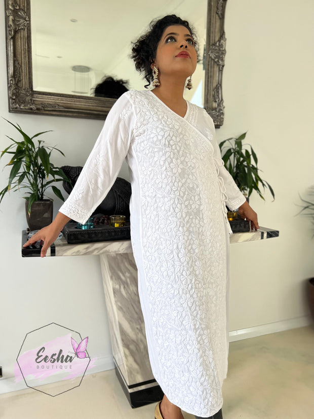 White Angarkha Style Long Hand Embroidered Tunic Kurta