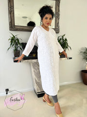 White Angarkha Style Long Hand Embroidered Tunic Kurta