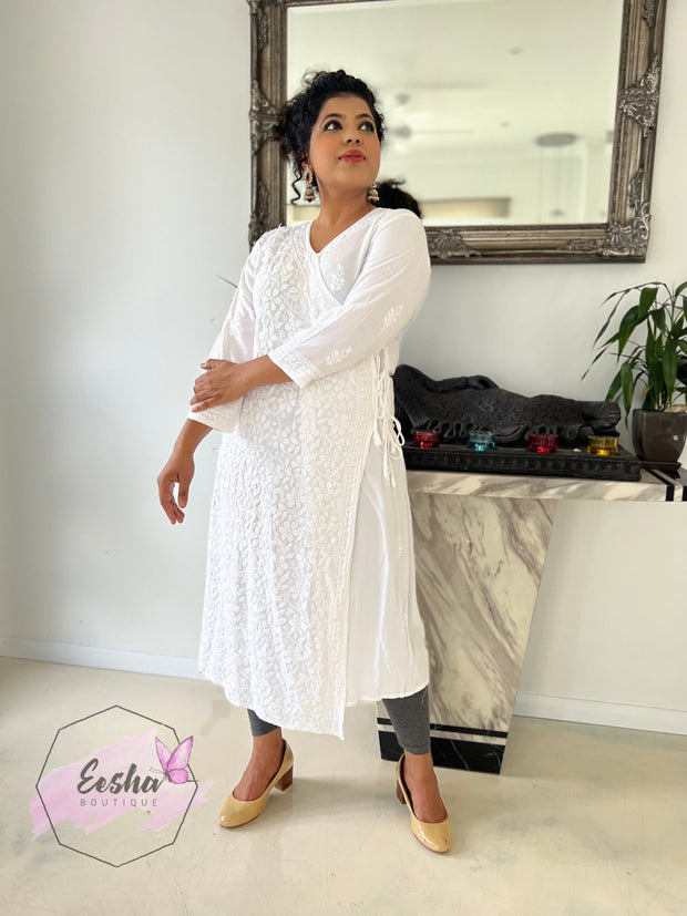 White Angarkha Style Long Hand Embroidered Tunic Kurta