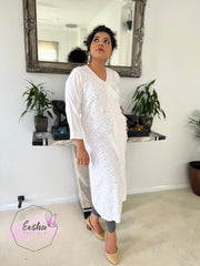 White Angarkha Style Long Hand Embroidered Tunic Kurta