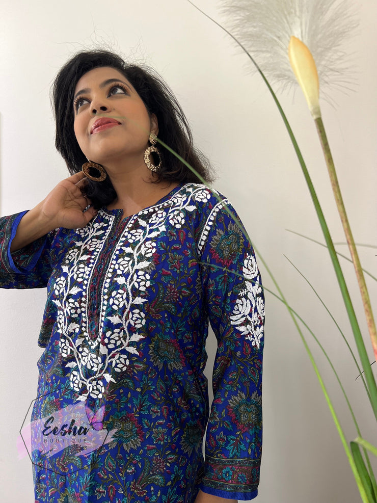 Crepe Silk Chikankari Hand Embroidered Long Tunic Kurta
