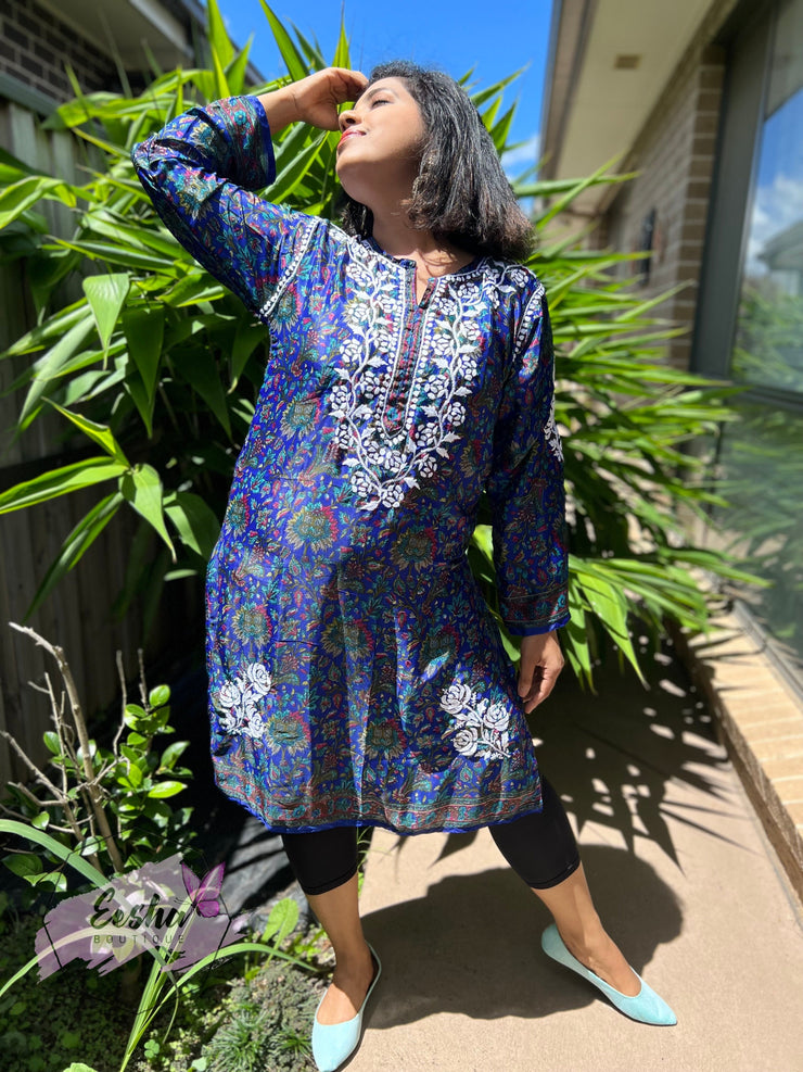 Crepe Silk Chikankari Hand Embroidered Long Tunic Kurta