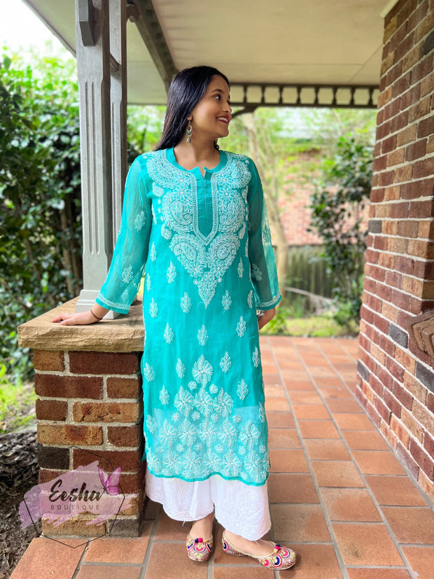 Green Daman Hand Embroidered Georgette Long Tunic