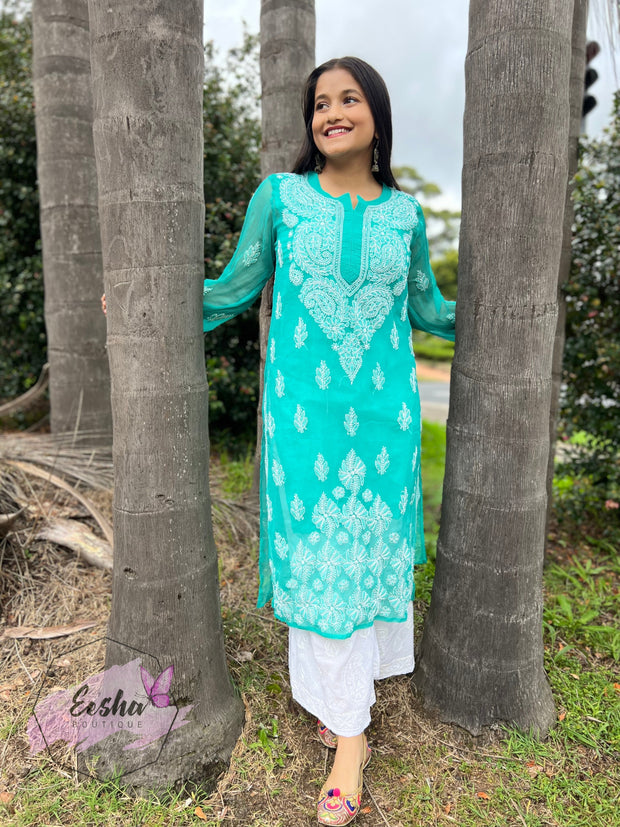 Green Daman Hand Embroidered Georgette Long Kurta