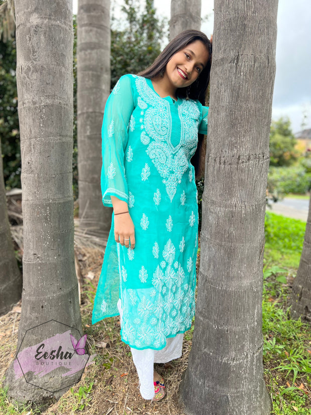Green Daman Hand Embroidered Georgette Long Kurta