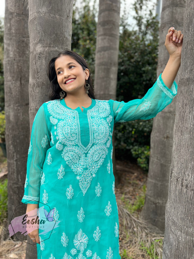 Green Daman Hand Embroidered Georgette Long Kurta