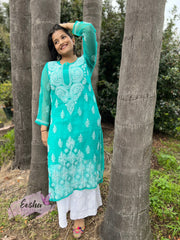 Green Daman Hand Embroidered Georgette Long Kurta