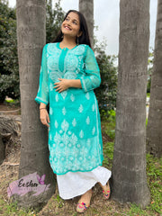 Green Daman Hand Embroidered Georgette Long Kurta