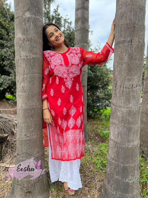 Red Daman Hand Embroidered Georgette Long Tunic