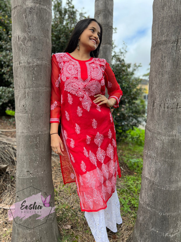 Red Daman Hand Embroidered Georgette Long Tunic