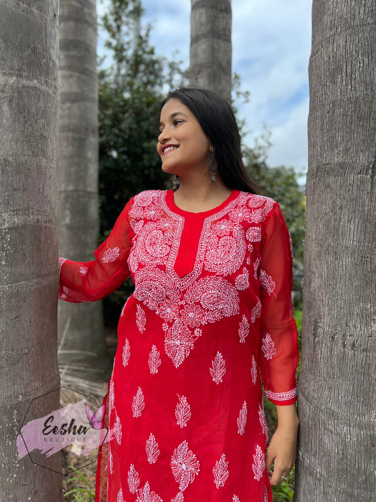 Red Daman Hand Embroidered Georgette Long Tunic