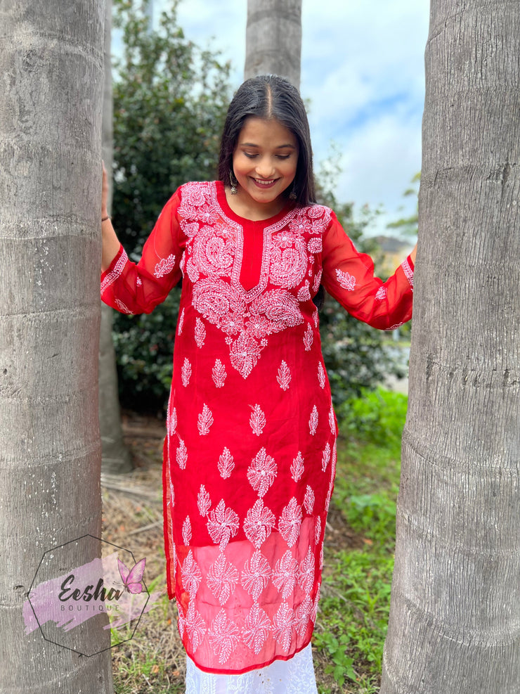 Red Daman Hand Embroidered Georgette Long Tunic