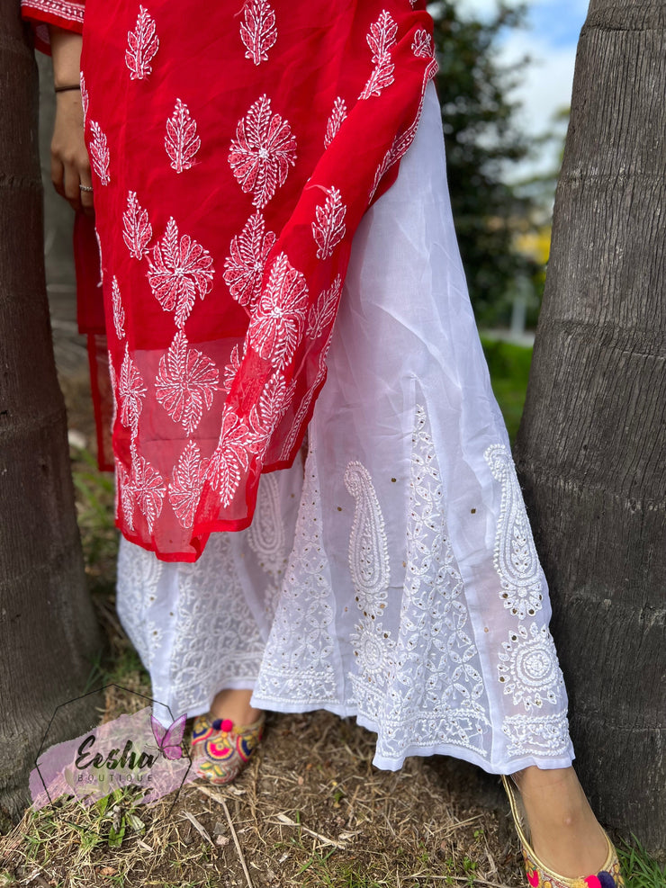 Red Daman Hand Embroidered Georgette Long Tunic