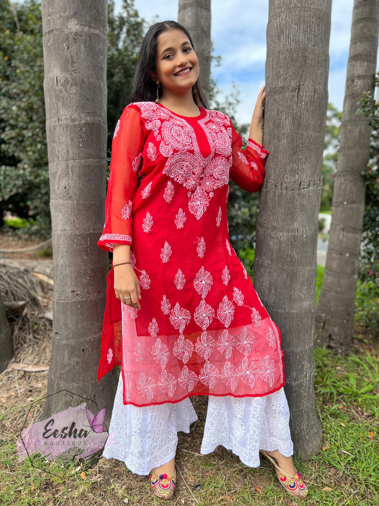Red Daman Hand Embroidered Georgette Long Tunic