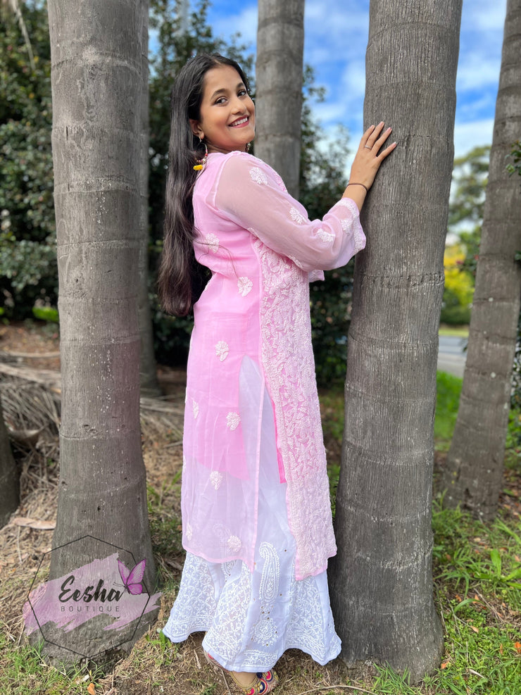 Pink Jall Hand Embroidered Georgette Long Tunic