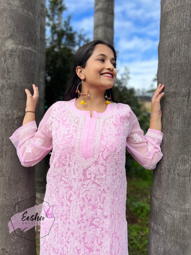Pink Jall Hand Embroidered Georgette Long Tunic