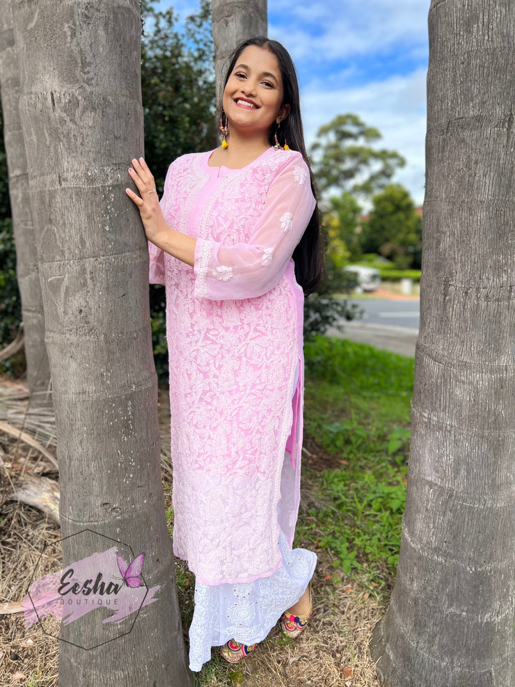 Pink Jall Hand Embroidered Georgette Long Tunic