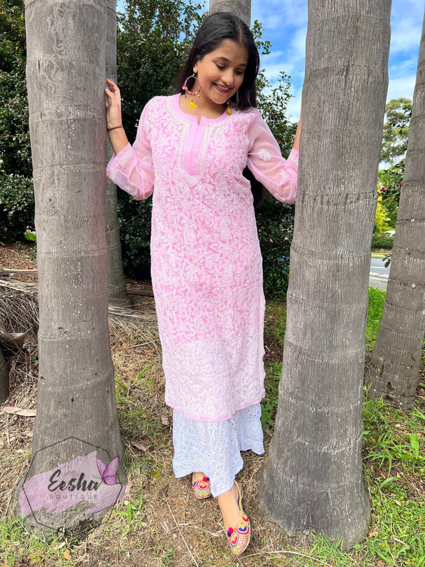 Pink Jall Hand Embroidered Georgette Long Tunic