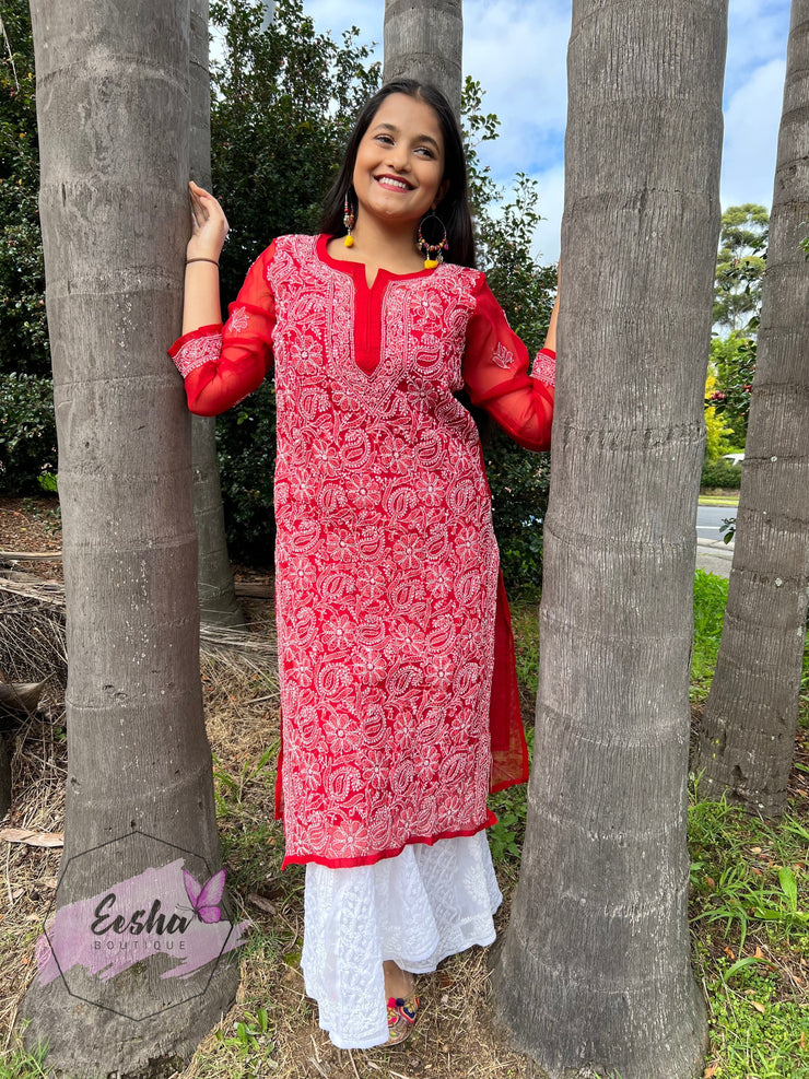 Red Jall Hand Embroidered Georgette Long Tunic