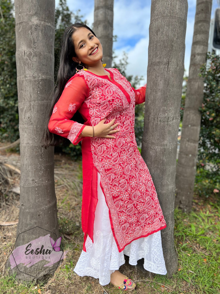 Red Jall Hand Embroidered Georgette Long Tunic
