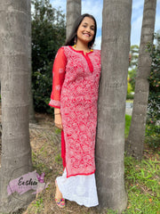 Red Jall Hand Embroidered Georgette Long Tunic