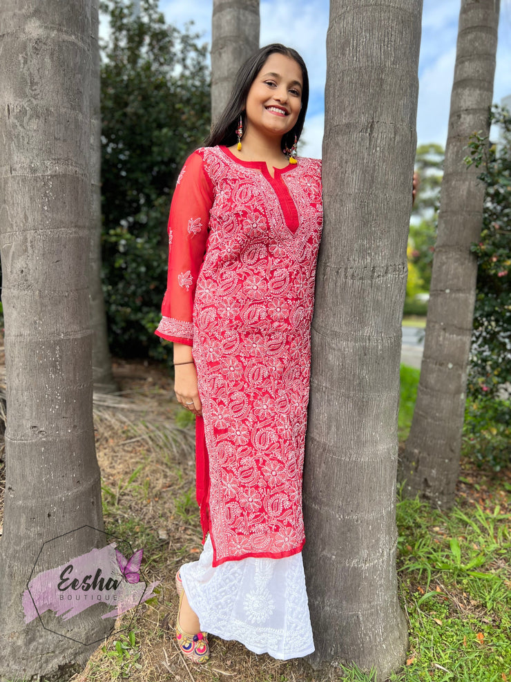 Red Jall Hand Embroidered Georgette Long Tunic