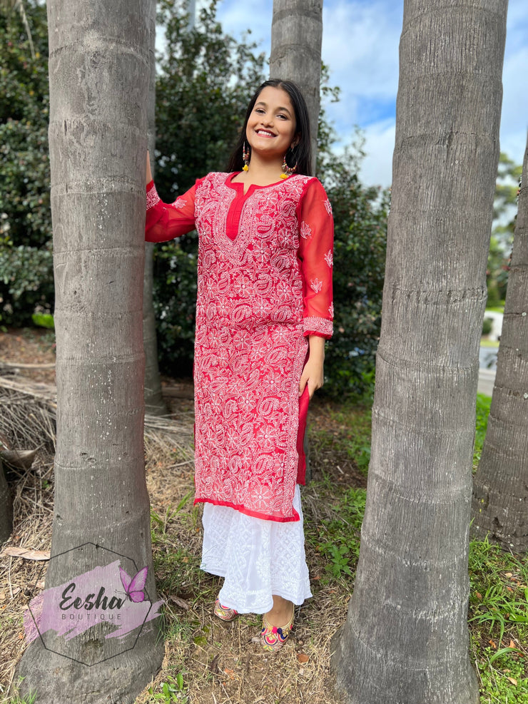 Red Jall Hand Embroidered Georgette Long Tunic