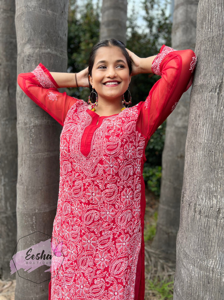 Red Jall Hand Embroidered Georgette Long Tunic