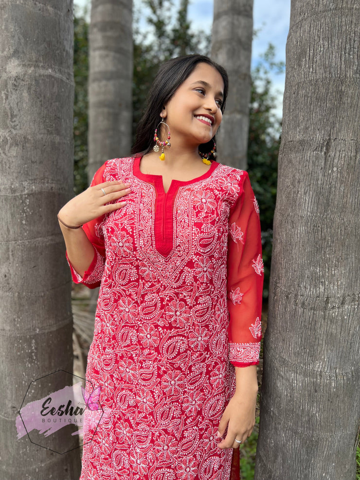 Red Jall Hand Embroidered Georgette Long Tunic