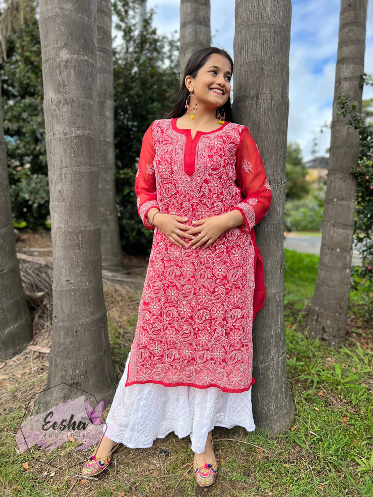 Red Jall Hand Embroidered Georgette Long Tunic