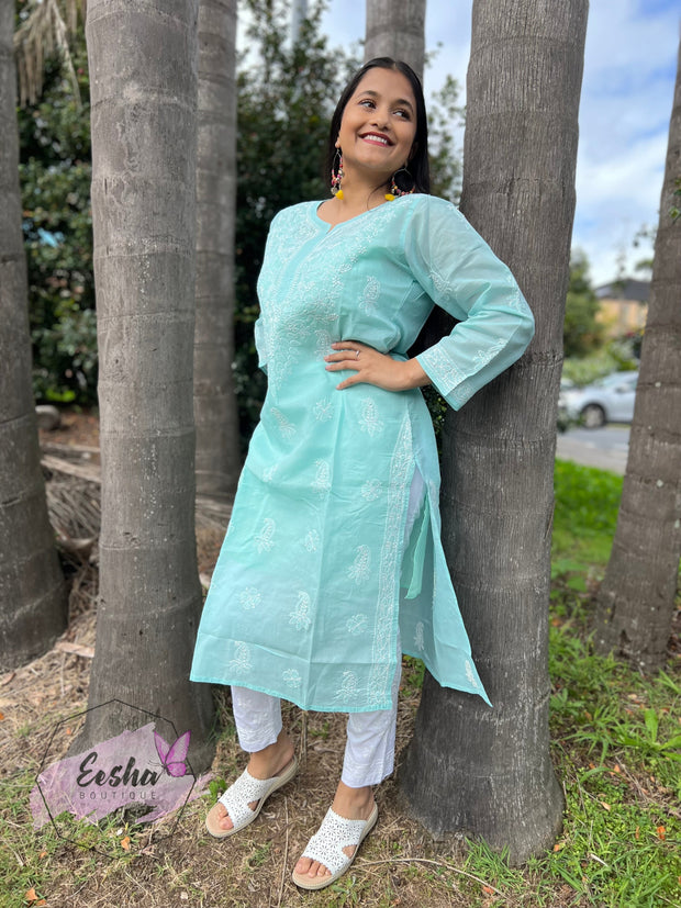 Padma - Aqua Blue - Hand Embroidered Kurta