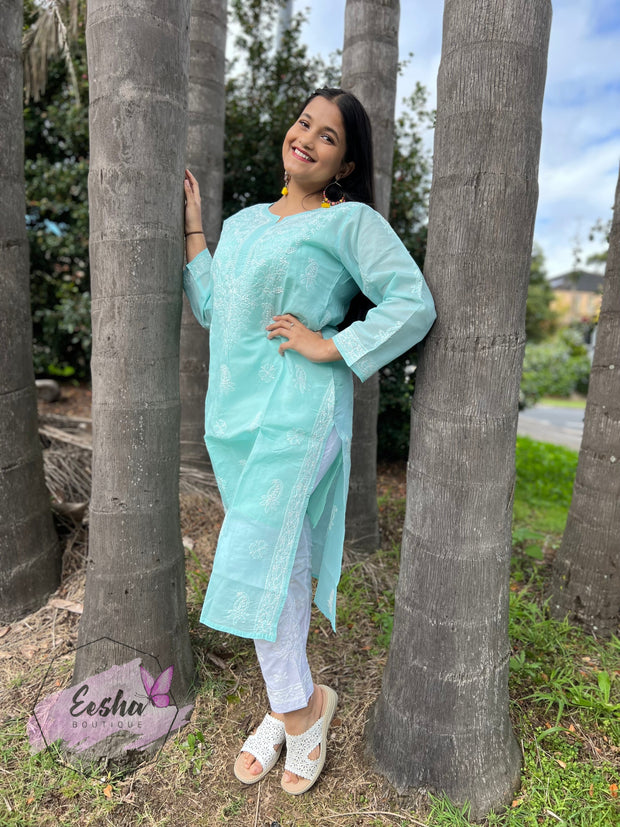 Padma Tunic - Aqua Blue - Hand Embroidered Kurta