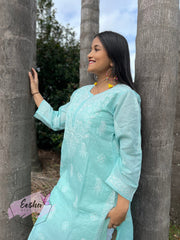 Padma Tunic - Aqua Blue - Hand Embroidered Kurta