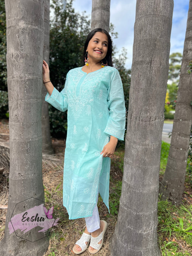 Padma Tunic - Aqua Blue - Hand Embroidered Kurta