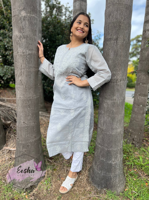 Padma - Grey - Hand Embroidered Kurta