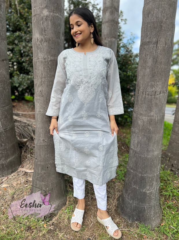 Padma Tunic - Grey - Hand Embroidered Kurta