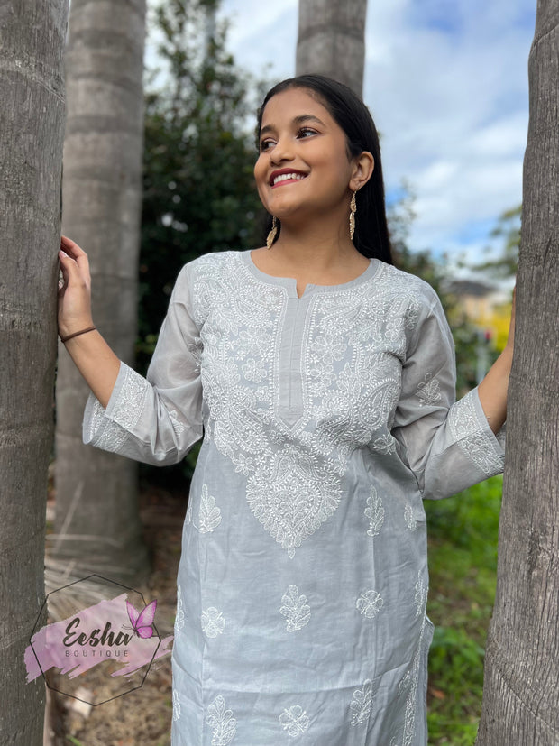 Padma Tunic - Grey - Hand Embroidered Kurta