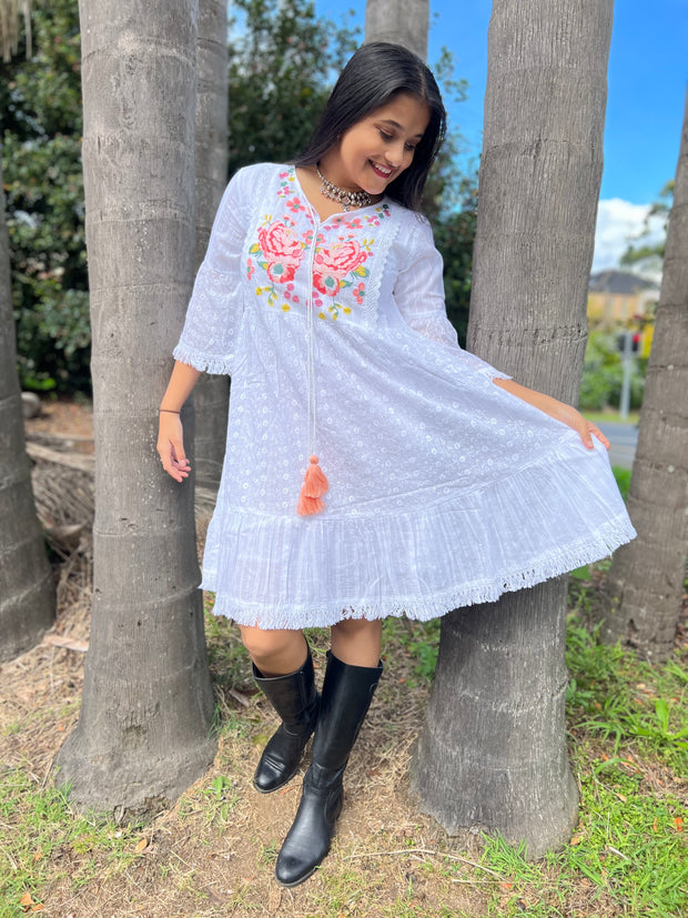 Snow White Embroidered Malmal Cotton Mini Dress – EeshaBoutique