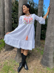 Snow White Embroidered Malmal Cotton Mini Dress